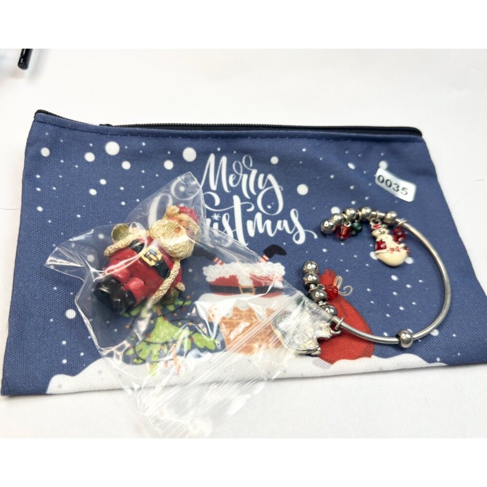 Christmas Jewelry Set W/ Santa Pin Festive Charm Bracelet & Merry Christmas Pouc